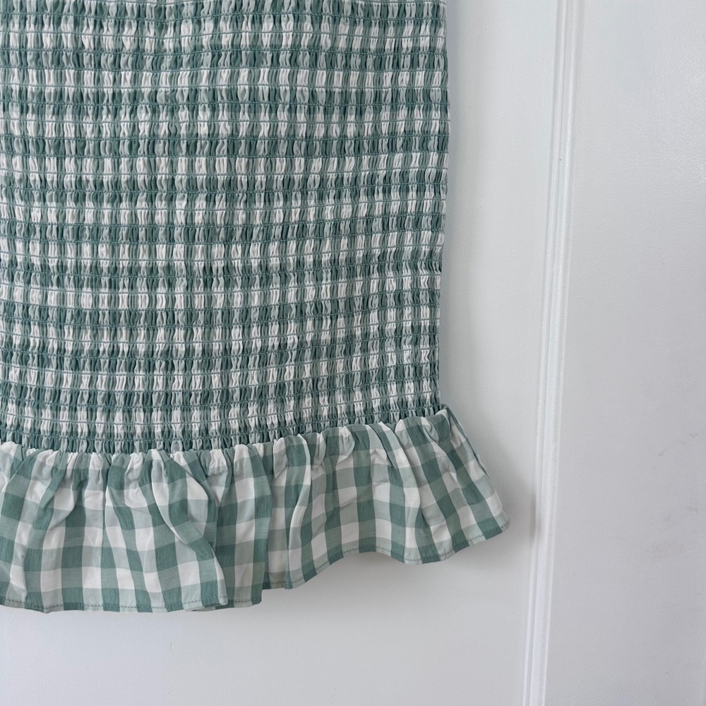 Reformation Gemini Dress Green Gingham Smocked Tie Shoulder Mini Ruffle Size S - Picture 5 of 12